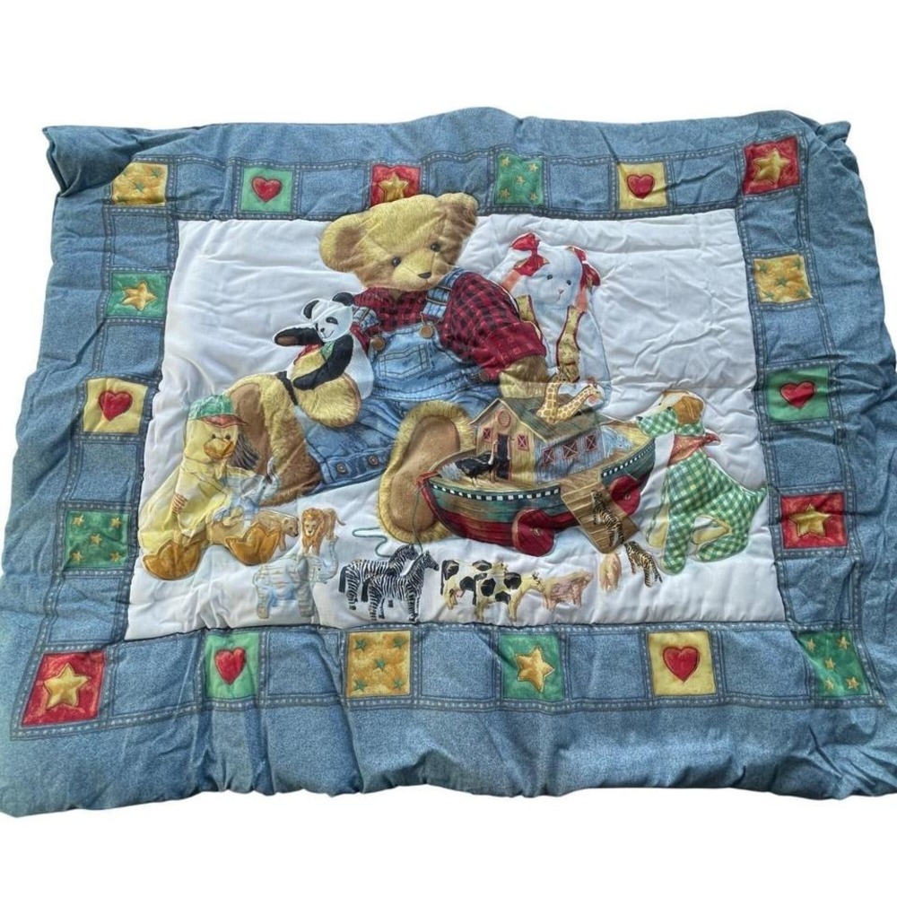 Vintage Blue Jean Teddy Crib Bedding Set Comforter Diaper Stacker Skirt EUC